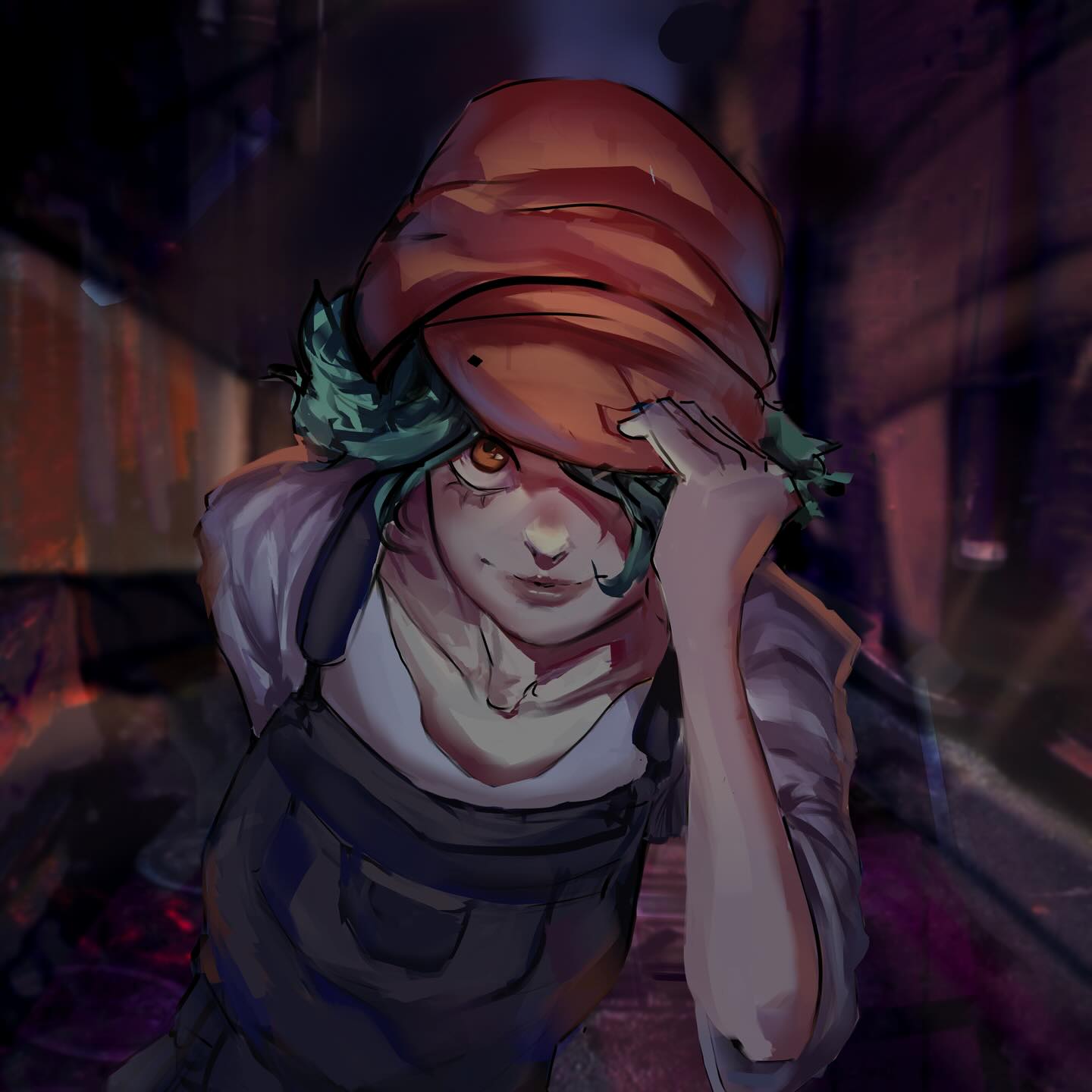 Digital character wearing a large red hat in a dark atmospheric alley