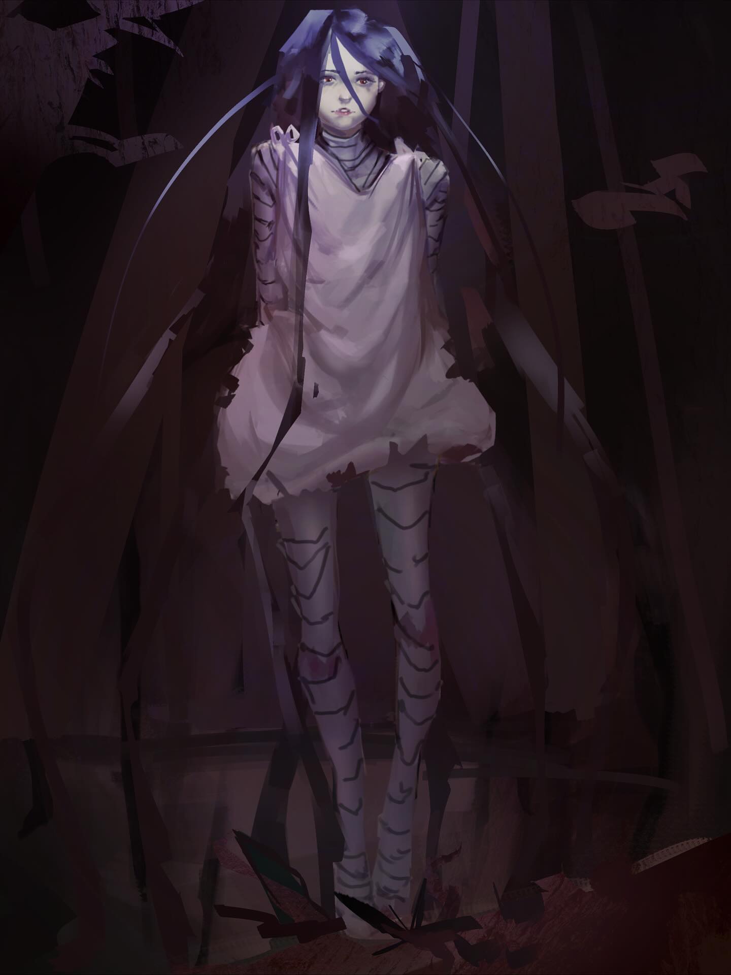 Tall pale character in a dark purple forest