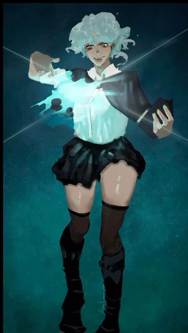 Original fantasy character using bright blue ice or wind magic