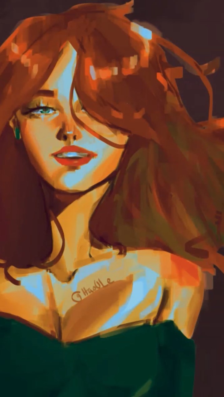 Warm orange digital portrait with teal highlights