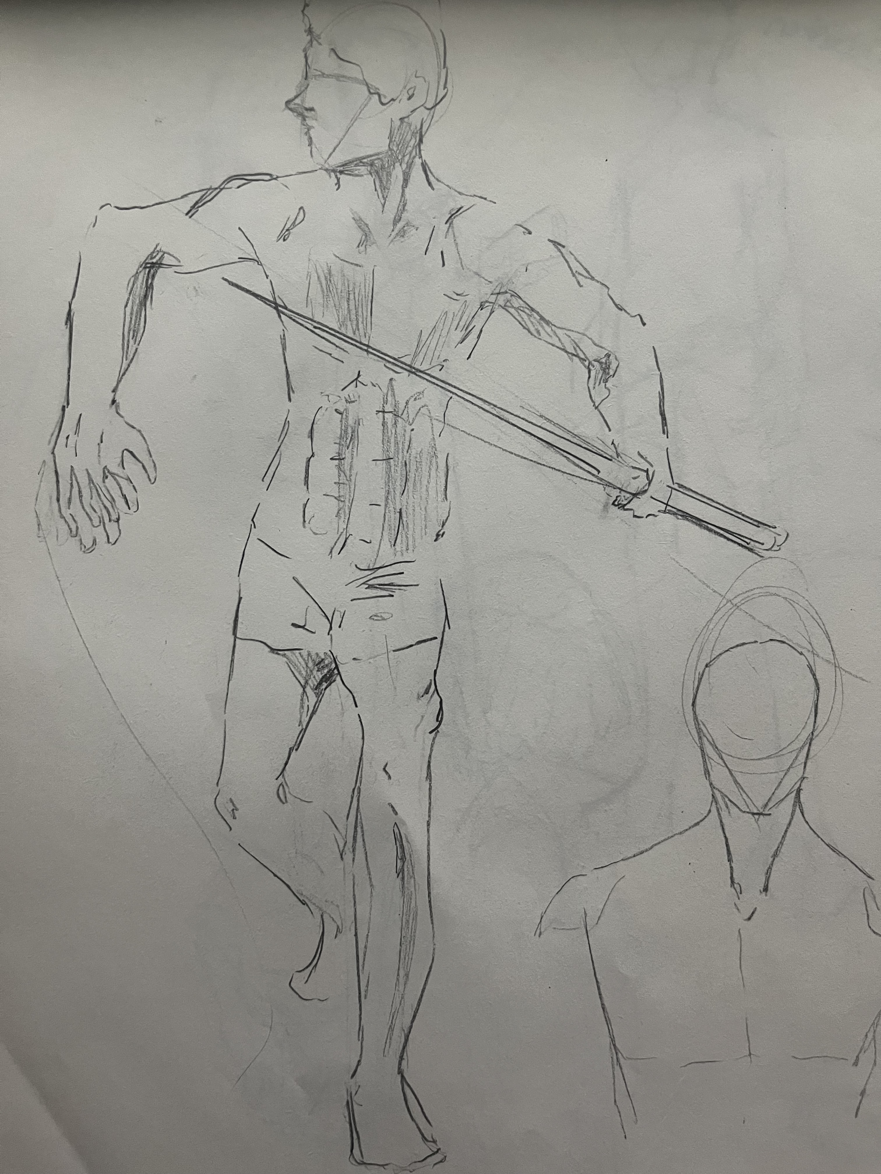 Pencil figure drawing of a standing person holding a long object